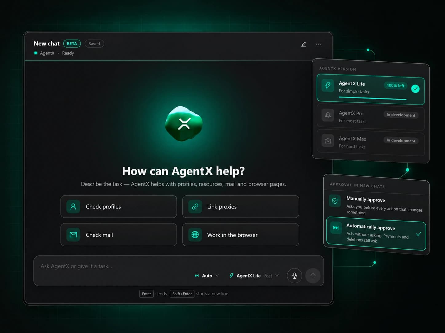 Страница «AI Agent» в Agent-X: чат с агентом, готовые запросы «Check profiles» и «Link proxies», переключатель режима подтверждения