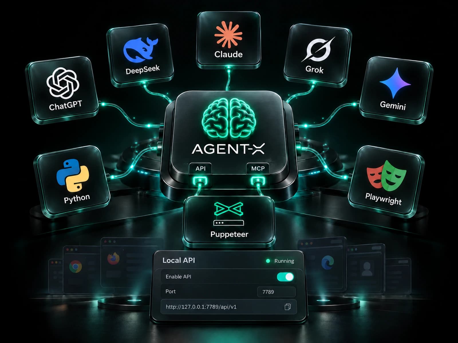 Agent-X подключён через API и MCP к ChatGPT, Claude, Gemini, DeepSeek, Grok, Python, Puppeteer и Playwright, рядом панель «Local API» с портом 7789