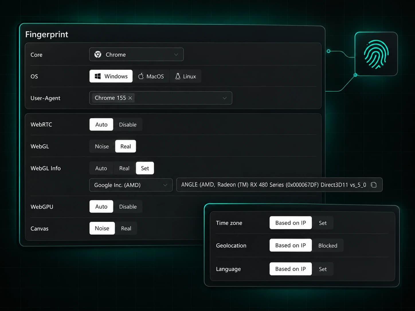Настройки профиля в Agent-X, вкладка отпечатка: ОС, User-Agent, WebRTC, WebGL, Canvas, часовой пояс и язык