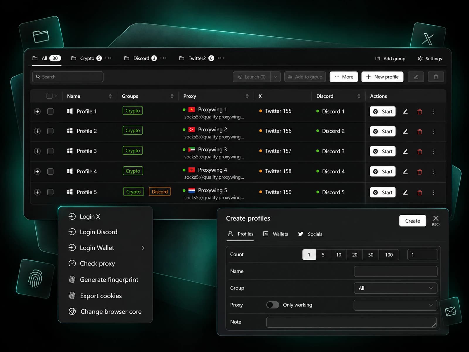 Таблица профилей Agent-X с группами, прокси и привязанными аккаунтами X и Discord, меню массовых действий и окно создания профилей