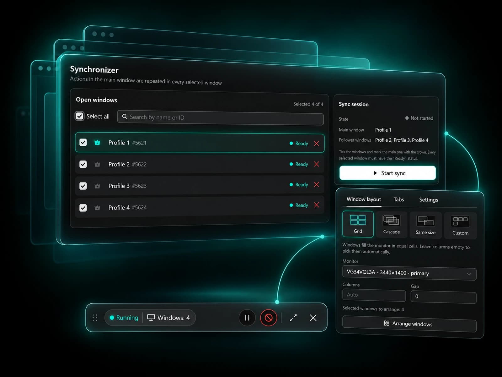 Страница «Synchronizer» в Agent-X: открытые окна профилей с главным, отмеченным короной, панель сессии синхронизации, варианты раскладки окон и панель управления