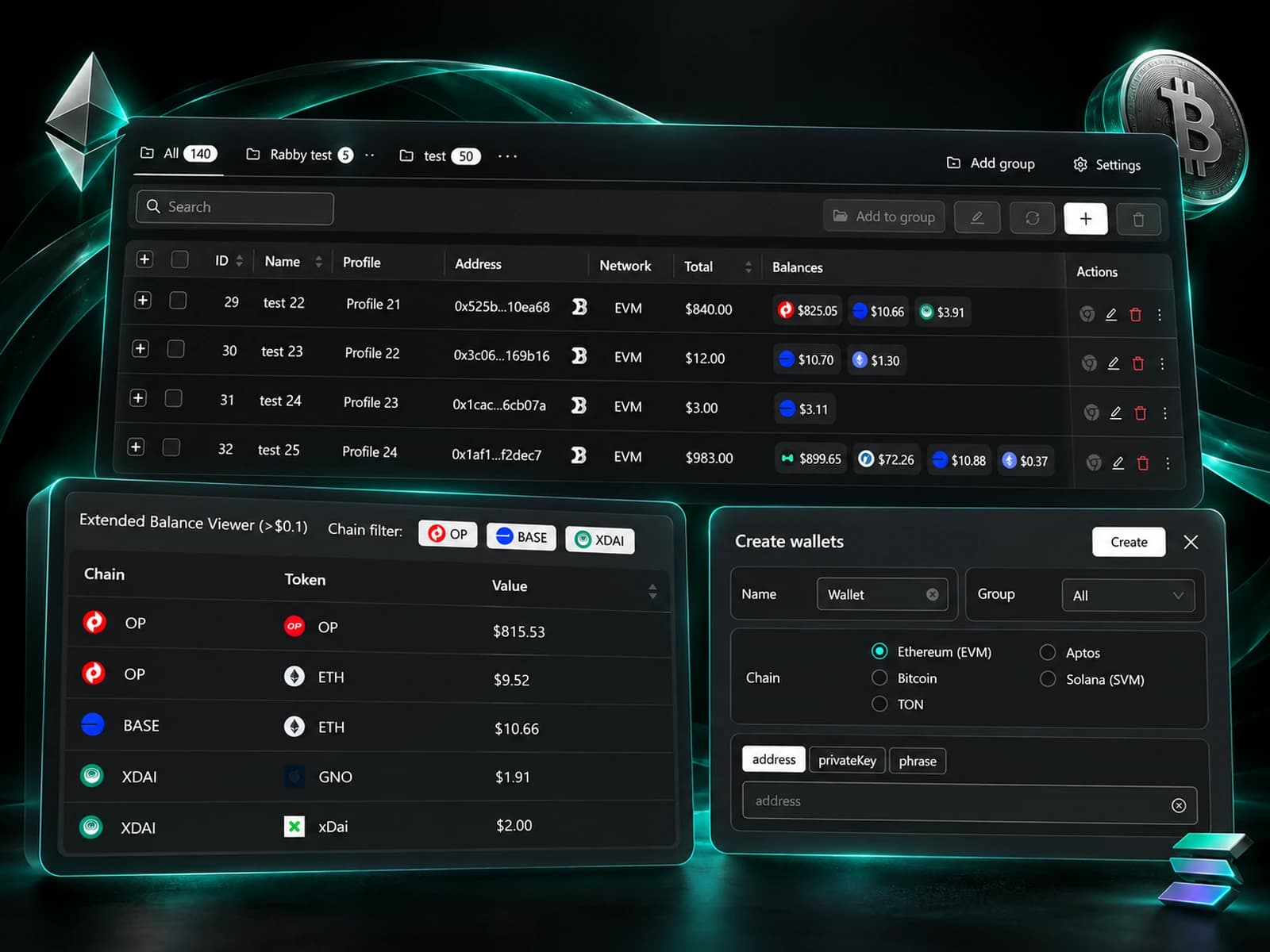 Страница «Wallets» в Agent-X: таблица кошельков с профилями, адресами, сетями и балансами, расширенный просмотр балансов и окно создания кошельков