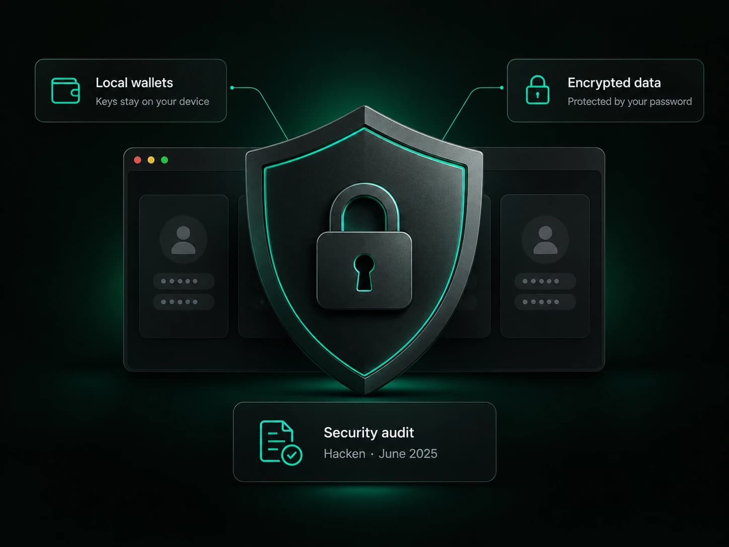 Agent-X security: a shield with a lock over profile windows, local wallets with keys on the device, password-encrypted data and a Hacken security audit